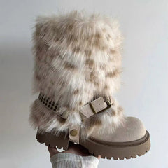 LIZAKOSHT - Chunky Heel Winter 2 ways to wear Leisure Cowboy Boots Women Vintage y2k Faux Fur Snow Boots Belt Buckle Black Ankle Boots Shoes