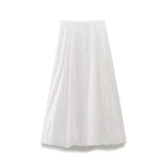 LIZAKOSHT - Women Hollow Out Embroidery White Skirt Summer Female Mid-rise Back Zipper A-line Midi Skirts