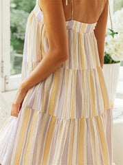 LIZAKOSHT - Women Summer Sleeveless Tie-up Strap Mini Dress Casual Striped Print A-Line Party Dress for Beach Vestidos Streetwear