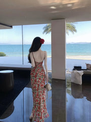 LIZAKOSHT - Summer New Arrival Slip Skirt French Style Women's Lace-up Waist Backless Rose Floral Printed Long Dress