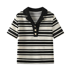 LIZAKOSHT - Black and White Striped Loose Short-sleeved T-shirt V-neck Pullover Bottoming Casual Shirt Summer New Style