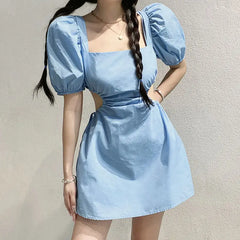 LIZAKOSHT - Dress With Backless Straps And Puff Sleeves Sexy Design Women'S Ins Waist Slimming A-Line Skirt Age-Reducing Short Skirt