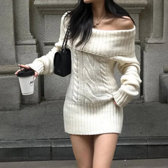  LIZAKOSHT - Women Off Shoulder Foldover Collar Cable Knit Sweater Dress Long Sleeve Slim Bodycon Mini Dress Fall Winter Knitted Party Dress
