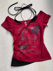 LIZAKOSHT - American Retro Red Fake Two-piece Letter Print Halter Neck T-shirt Women Fashion Street Hotties Harajuku Millennium Y2K Top