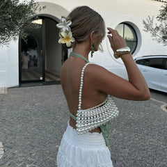 LIZAKOSHT - Sexy Sequin Backless Crop Top for Women Sleeveless Hollow Out Tie-Up Glitter Cami Tank for Summer Holiday Beach Party