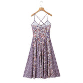 LIZAKOSHT - Holiday Purple Paisley Floral Print Sling Dress Women Bow O neck Cross bandage Back Zipper Low Waist Swing Dresses Vestidos Robe