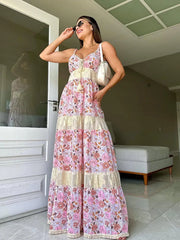 LIZAKOSHT - New Summer Fashion Printed Floral Dress Lace-Up Sleeveless V-Neck Sexy Beach Party Patchwork Hollow Out Long Dresses