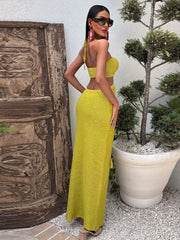 LIZAKOSHT - Knitted Halter Hollow Out Long Dress Women Backless Sleeveless Tassels Vacation Long Dresses Beach Solid Street Summer Robe