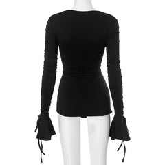 LIZAKOSHT - Autumn Women Sexy 2 Piece Set Elegant Square Neck Lace Up Flare Long Sleeve Ruched Bodycon Mini Dress + PU Leather Skirts