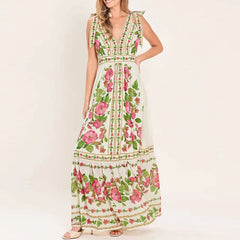 LIZAKOSHT - Sexy V-neck Women Vacation Long Dress Summer Casual Sleeveless Hight Waist Party Dress Elegant Print Draped Bow Maxi Dress