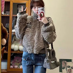 LIZAKOSHT - Vintage Star Patchwork Fluffy Women Coats Fashion Y2k Aesthetic Double Zippers Jackets New Winter Grunge Casual Loose Crop Coat