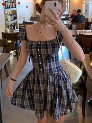 LIZAKOSHT - Y2K Plaid Short Dresses for Women Princess Birthday Party Dress Puff Sleeve Square Collar Bow Prom Summer Mini Vestidos Mujer
