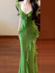 LIZAKOSHT - French Style Floral Print Backless Fish Tail Long Dress Summer Vacation Casual Loose Fit A-Line Skirt Green Leaf