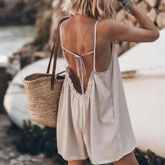 LIZAKOSHT - Elegant Backless Lotus Edge Short Jumpsuit New Women Solid Color U Neck Vocation One Piece Summer Casual Pockets Romper 2024