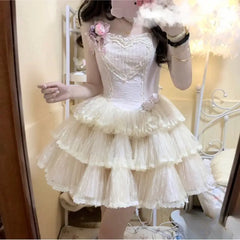 LIZAKOSHT - Japan Summer Women Mini Suspender Fluffy Lolita Dress Princess Tierred Ruffles Prom Gown Evening Frocks Y2k Evening Club