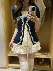 LIZAKOSHT - Japanese Sweet Preppy 2 Piece Set Women Navy Bow Cardigan + High Waist Lace Tiered Cake Mini Skirt Summer Casual Fashion Outfit