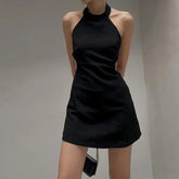 LIZAKOSHT - 2025 New Retro Dark Elegant Solid Sleeveless A-line Dress Sexy Rave Backless Halter Partywear Gown Goth Slim Women Club Dresses