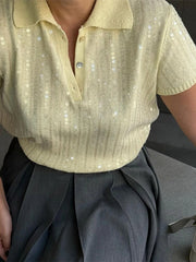 LIZAKOSHT - Elegant Solid Sequins Knitted Slim Tops For Women Fashion Lapel Buttons Short Sleeve T-shirt 2024 Summer New Female Streetwear