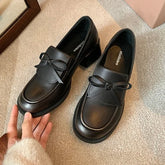 LIZAKOSHT - Retro Fashion Chunky Heel Loafers Women Bowknot Round Toe Comfort British Style Casual Soft Leather Shoes Zapatos De Mujer