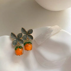 LIZAKOSHT Unique Design Enamel Resin Persimmon Drop Earrings for Women Creative Green Leaves Hanging Dangle Earrings Cute Jewelry