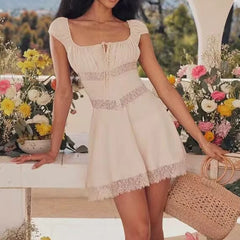 LIZAKOSHT - Sexy Elegant Women Lace Patchwork Square Neck Tank Dresses Sleeveless A-line Mini Party Summer Dress Holiday Chiffon Robe