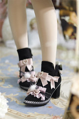 LIZAKOSHT  -  Japanese Sweet Style Lolita Girls Shoes Cosplay Cute Bowknot Pearls Love Ruffle Kawaii Hairball Rabbit Ear 8cm High Heel Shoes