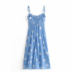LIZAKOSHT - Sexy Women Corset Style Hem Slit Midi Robe Vestido Retro French Women Blue Daisy Flower Print Bow Lacing Up Sling Dress Retro