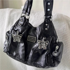 LIZAKOSHT - Y2k Black Womens Shoulder Bag Gothic Original Advanced Fashion Tote Bag Large Capacity Leather Motorcycle Vintage Handbag