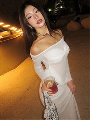 LIZAKOSHT - Summer White Sexy See Through Split Long Dresses Club Outfits Women Off Shoulder Hollow Out Cocktail Party Vestidos