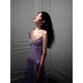 LIZAKOSHT - Purple V-neck Strap for Bride's Wedding Sexy Pleated Split Tassel Birthday Party Dress Платье Для Мамы Жениха Women Gowns