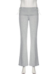 LIZAKOSHT - Sweet Patchwork Lace Bow Pockets Flare Pants Casual Slim Low-Waisted Pants Women Autumn Spring Fashion Streetwear