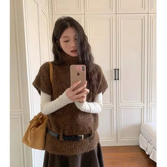 LIZAKOSHT - Women Funnel-Neck Knitted Vest Solid Autumn Casual with A Belt Sleeveless Sweater Elegant Woman Vintage Knitwear Waistcoat