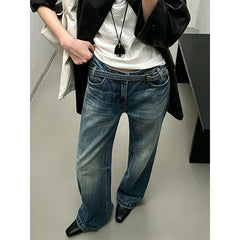 LIZAKOSHT - Y2K Slim FWomen's Vintage Tie Dye Blue Straight Jeans Street Style Trousers Cool Girl Casual Bottoms Female High Waist Wide Leg