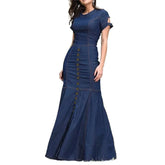 LIZAKOSHT - Korean Fashion Denim Blue Bodycon Long Dresses Women Summer Short Sleeves Buttoned O-Neck Casual Commute Office Dress