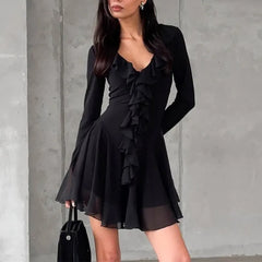 LIZAKOSHT  -  Sexy V-Neck Ruffle Mini Dress Women's Elegant Ruffle Sleeve Patchwork Pleated Short Dress High Waist Pullover Mini Dress