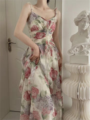 LIZAKOSHT - Fench Elegant Flora Print V-Neck Female Evening Party Dress Summer Vintage Spaghetti Strap Off Shoulder Clothes Vestidos Mujer