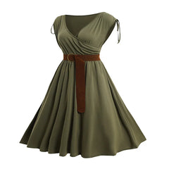 LIZAKOSHT - New Womens Summer Dress Plain Color Cinched Shoulder Surplice Plunge Belted Midi Dress A-Line Dresses vestidos para mujer