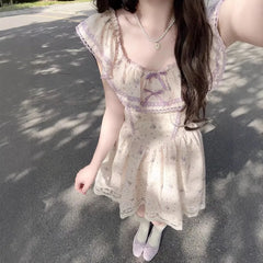 LIZAKOSHT - Floral Print Mini Dress Women's French Style Puffy Sleeve Fresh Gentle Short Skirt Pure Desirable Sexy Casual Daily Wear