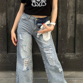 LIZAKOSHT - Y2k Bow Lace Ripped Holes Woman's Denim Pants Baggy Wide Leg Jeans Dragging Hollow Out Fashion Chic Casual High Street Pants
