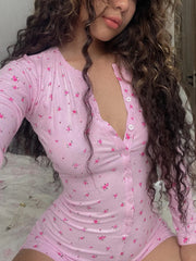 LIZAKOSHT - Floral Print Chic Rompers for Women Aesthetic Crewneck 2000s Long Sleeves Jumpsuits Sweet Korean Harajuku Cloth