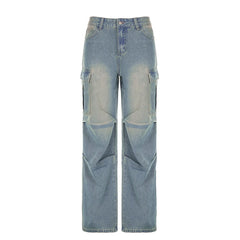 LIZAKOSHT - American Style Pleated Washed Parachute Jeans Women's High Waisted Loose Wide Leg Large Pocket Workwear Pants