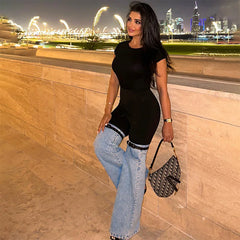 LIZAKOSHT - Women's Fashion Patchwork Denim Pants Streetwear Black Shorts + Belt Pockets Jeans Legs High Waits Women Pants Y2K Lounge Wear