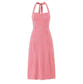 LIZAKOSHT - Women Sleeveless Side Slit Back Smocking Halter Neck Tala Linen Dress Tomato Check