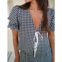 LIZAKOSHT  -  Summer 2 Piece Set for Women Plaid Print V Neck Tie Front Short Sleeve Shirt Top and Wide Leg Pants Streetwear