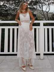 LIZAKOSHT  -  Perspective Lace Cover Up Dress Hollow Out Mesh Sexy Halter Loose See Through Women Suspender Long Dresses Spring Summer New