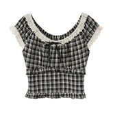 LIZAKOSHT - Summer Women Plaid Spliced Lace Bow O Collar Elastic Strap Tank Top Slim Corset Wood ears Slim Waist Elastic Back Crop Vest