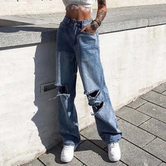 LIZAKOSHT - Women Fashion Harajuku Harem Korean Wide Leg Trousers Casual Ripped Hole Jeans Straight Denim Pants High Waist Streetwear