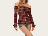 LIZAKOSHT - 2026 Spring New Arrival Plaid One-Shoulder Long Sleeve Shirt with Design Appeal, Niche Style, Exposed Shoulder Top for Women
