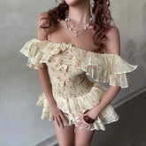 LIZAKOSHT  -  Off Shoulder Sexy Floral Print Mesh Bow Fashion A-line Bodycon Pleated Mini Dress Summer New Sweet Cute Party Vestidos