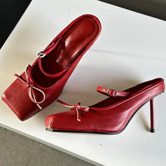 LIZAKOSHT - New Design Square Toe Mule Pumps Women Bow Heeled Ballet Shoes Buckle Strap Sexy Party Dress Shoes Thin High Heels Slipper Women